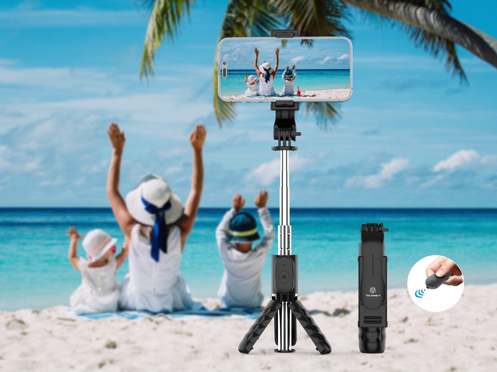 Techancy Mini selfie stick multifunções, TR6416, com controlo sem fios, suporte triangular, fácil de transportar.