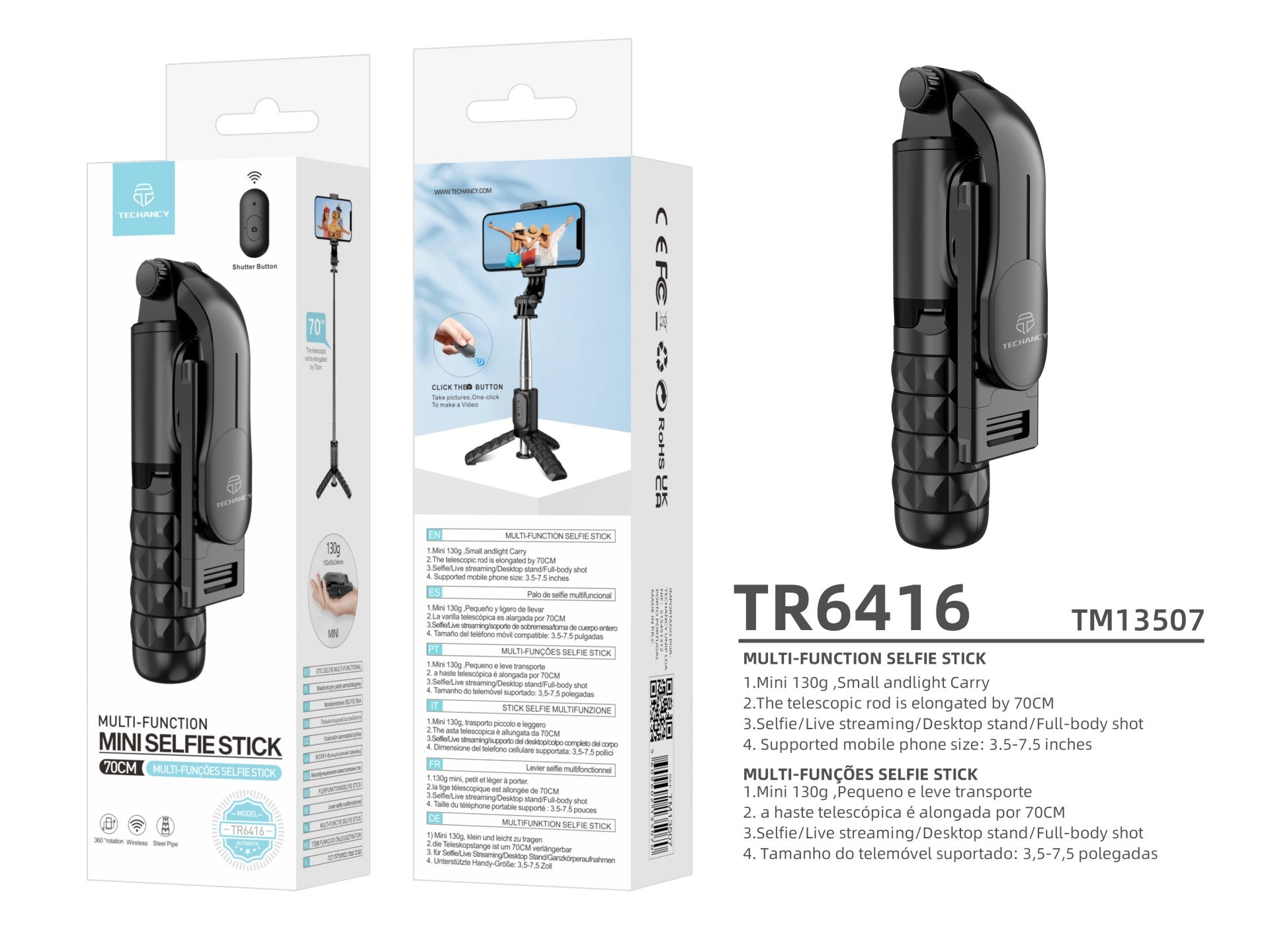 Techancy Mini selfie stick multifunções, TR6416, com controlo sem fios, suporte triangular, fácil de transportar.